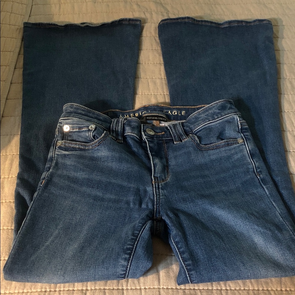 American Eagle Outfitters Women's Blue Next Level Stretch Low Rise Flare Jeans